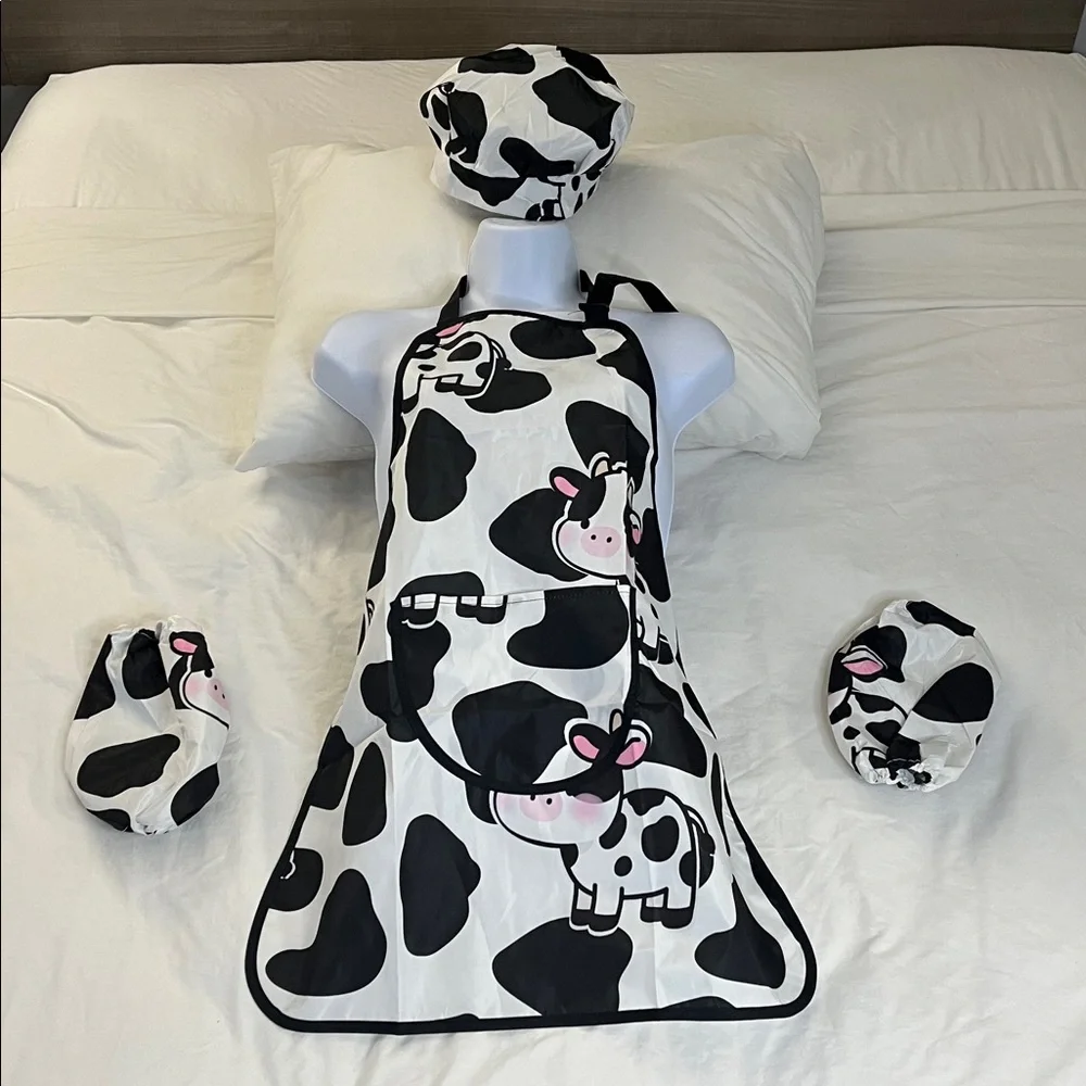 Kids 4 Pc Cow Print Apron and Chef Hat Set